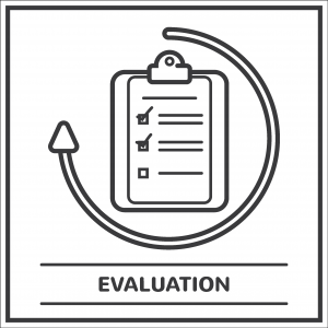 An illustration of a clipboard with an arrow circling it. The paper on it has two items checked off. Underneath, it says, Evaluation.