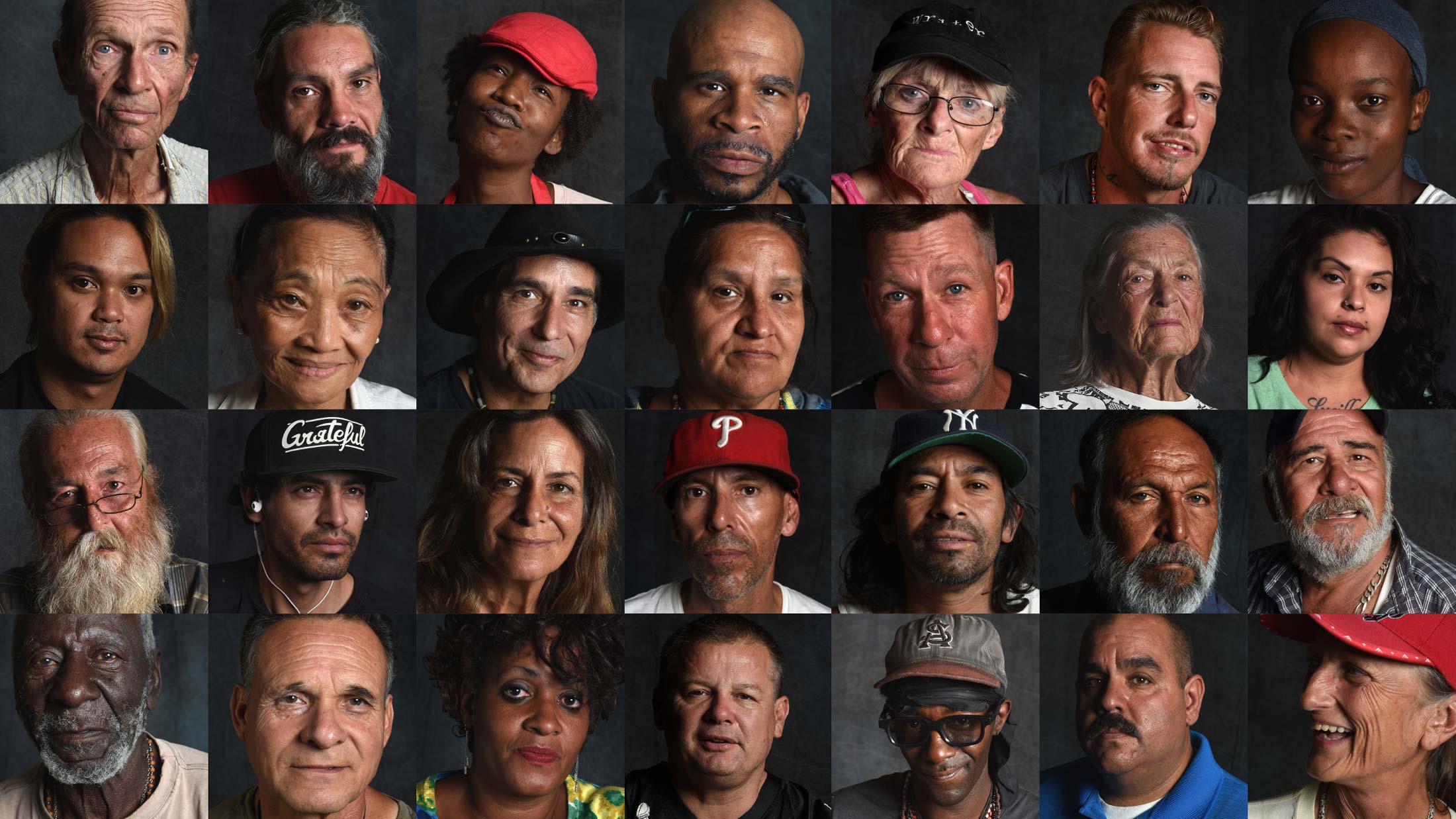 A collage of close-up portraits of 21 different people of different ages, genders, and ethnicities