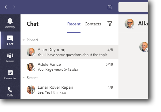A screen shot of the Teams chat interface, focusing on the pinned chats
