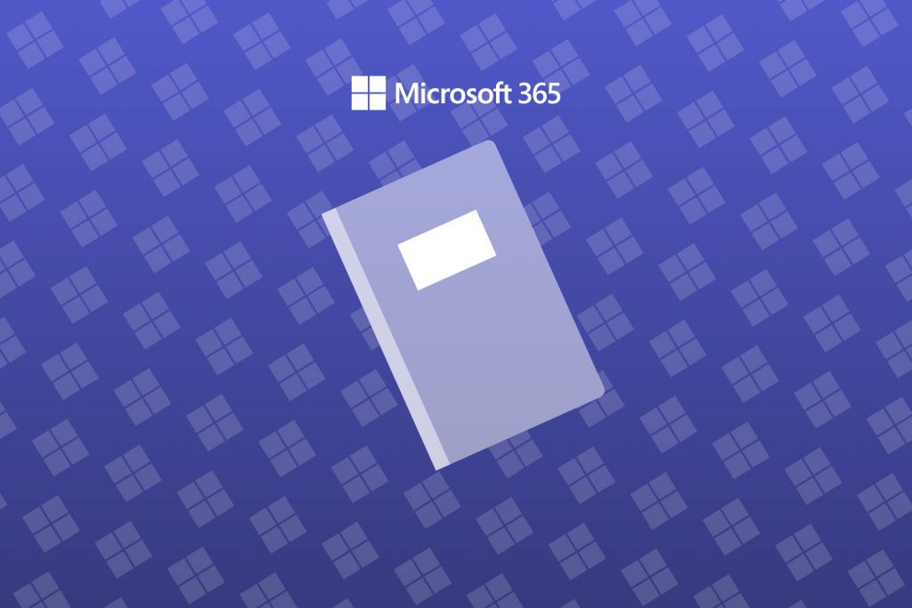A cool purple background with a Microsoft logo repeating patterand an icon of a notebook.