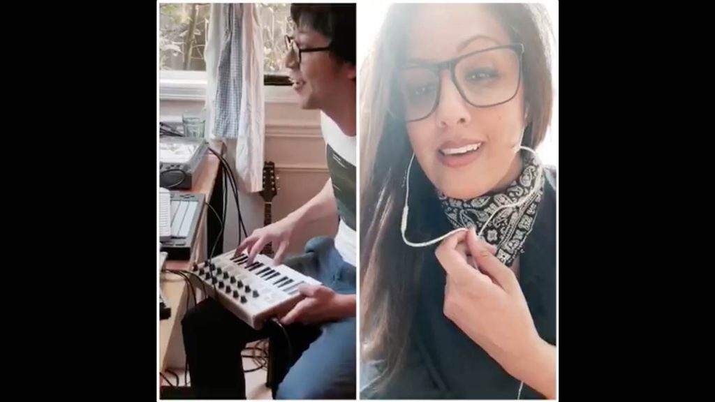 Split screen of man on keyboard and woman singing