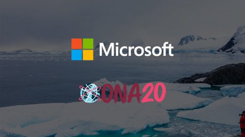 An arctic ocean landscape with the Microsodt and ONA 20 logos on top.