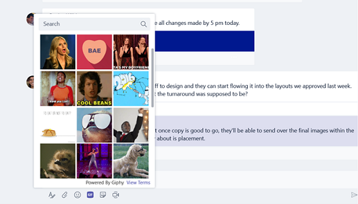A screen shot of a Microsoft Teams chat box showing the Animated GIF Search dialog