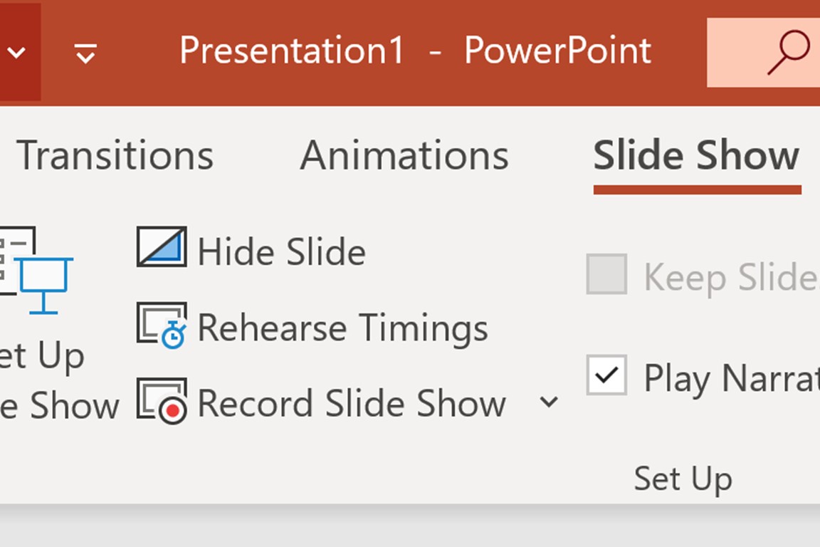 A screenshot from the PowerPoint Slideshow tab, focused on the Rehearse Timings option