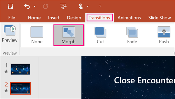 A screenshot of the Morph transition button on the PowerPoint menu