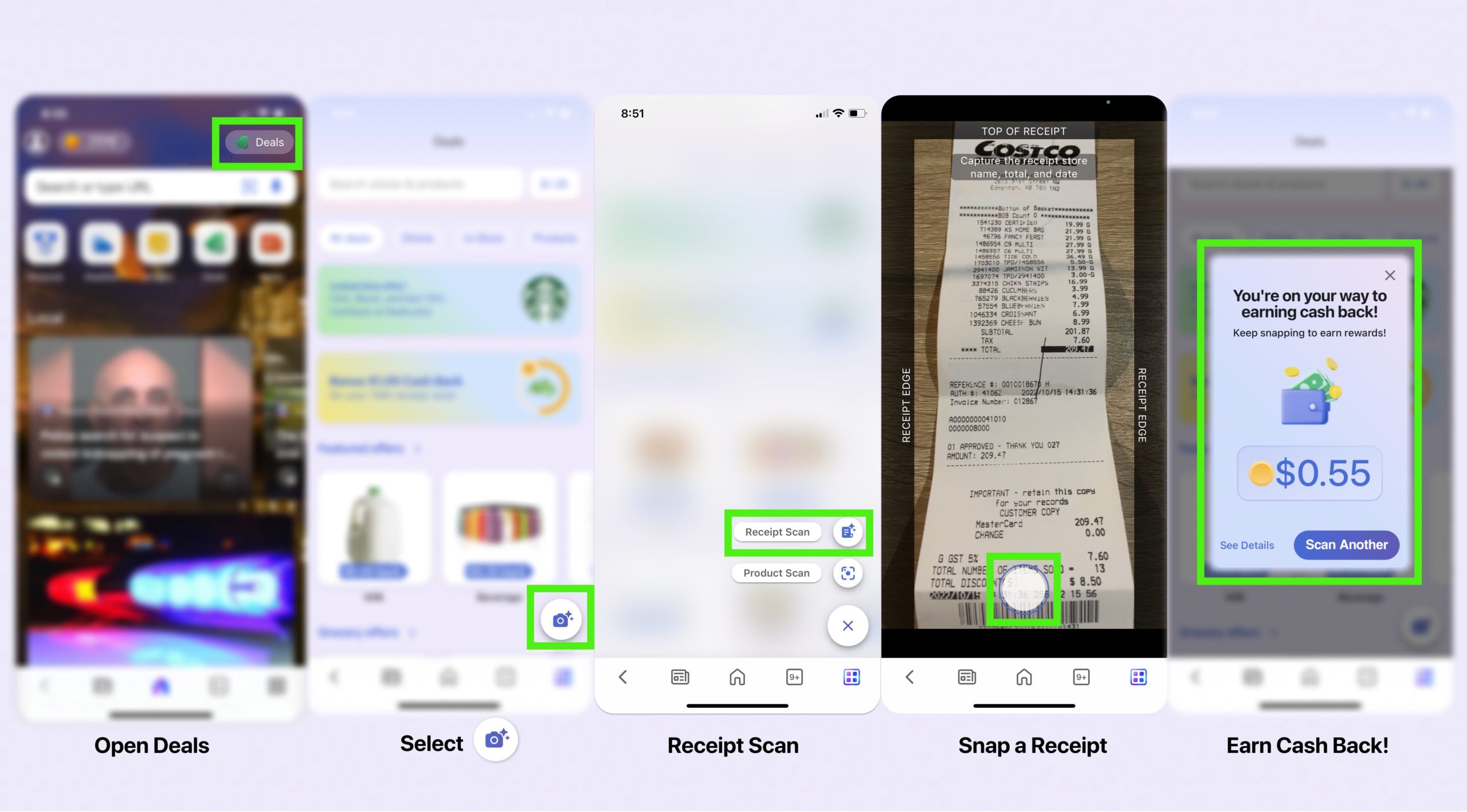 Screenshots of cellphone displaying steps to scan a receipt