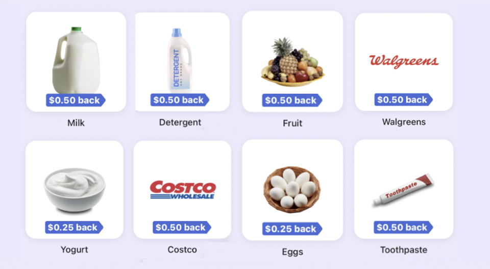 Grocery items from Walgreens and Costco with cashback reward amounts
