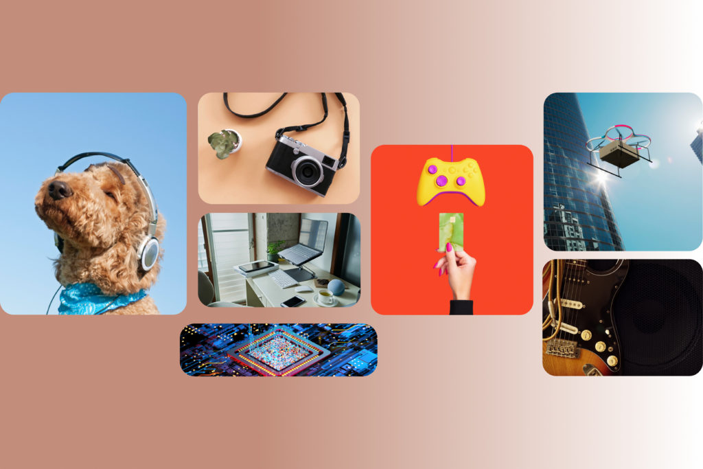 Collage of technology gadgets: headphones, camera, laptop, tablets, game controller, drone, microchip and guitar