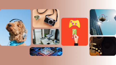 Collage of technology gadgets: headphones, camera, laptop, tablets, game controller, drone, microchip and guitar