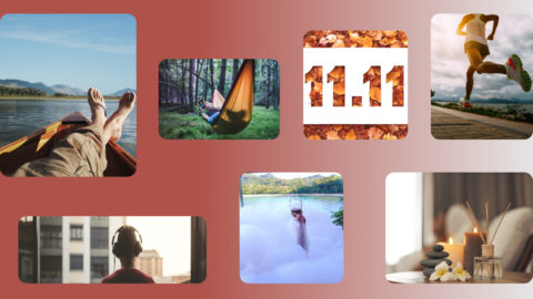 Collage of people relaxing in boats, hammocks, and bubble baths. Person listening to music on headphones. Person running. Flowers and room diffusers